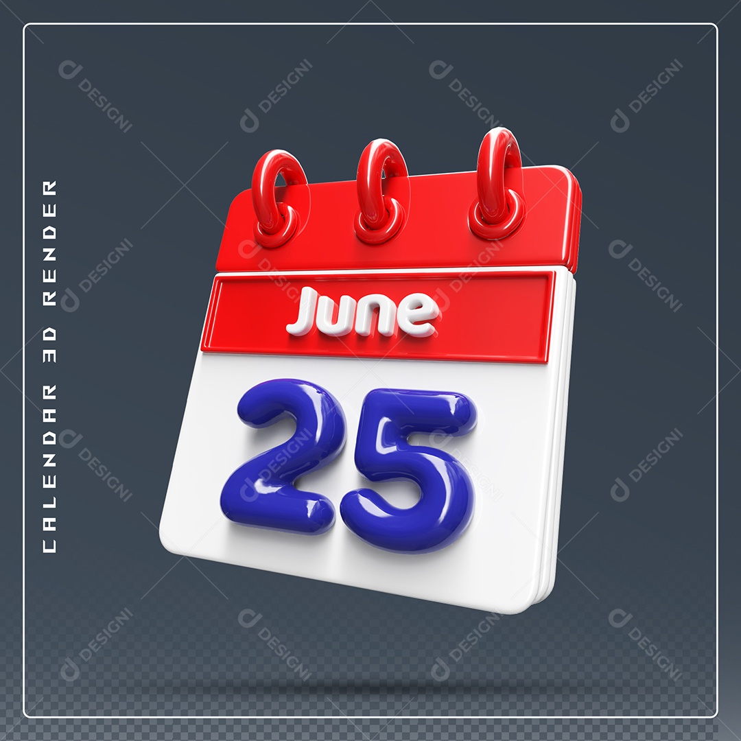 Calendário Do mês Junho Dia 25 Elemento 3D Vermelho Azul e Branco Para Composição PSD