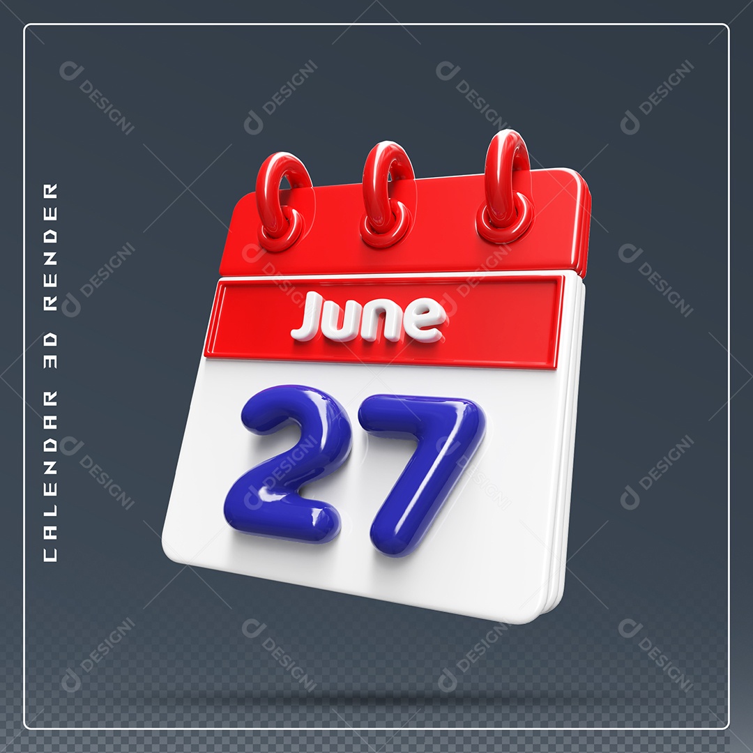 Calendário Do mês Junho Dia 27 Elemento 3D Vermelho Azul e Branco Para Composição PSD