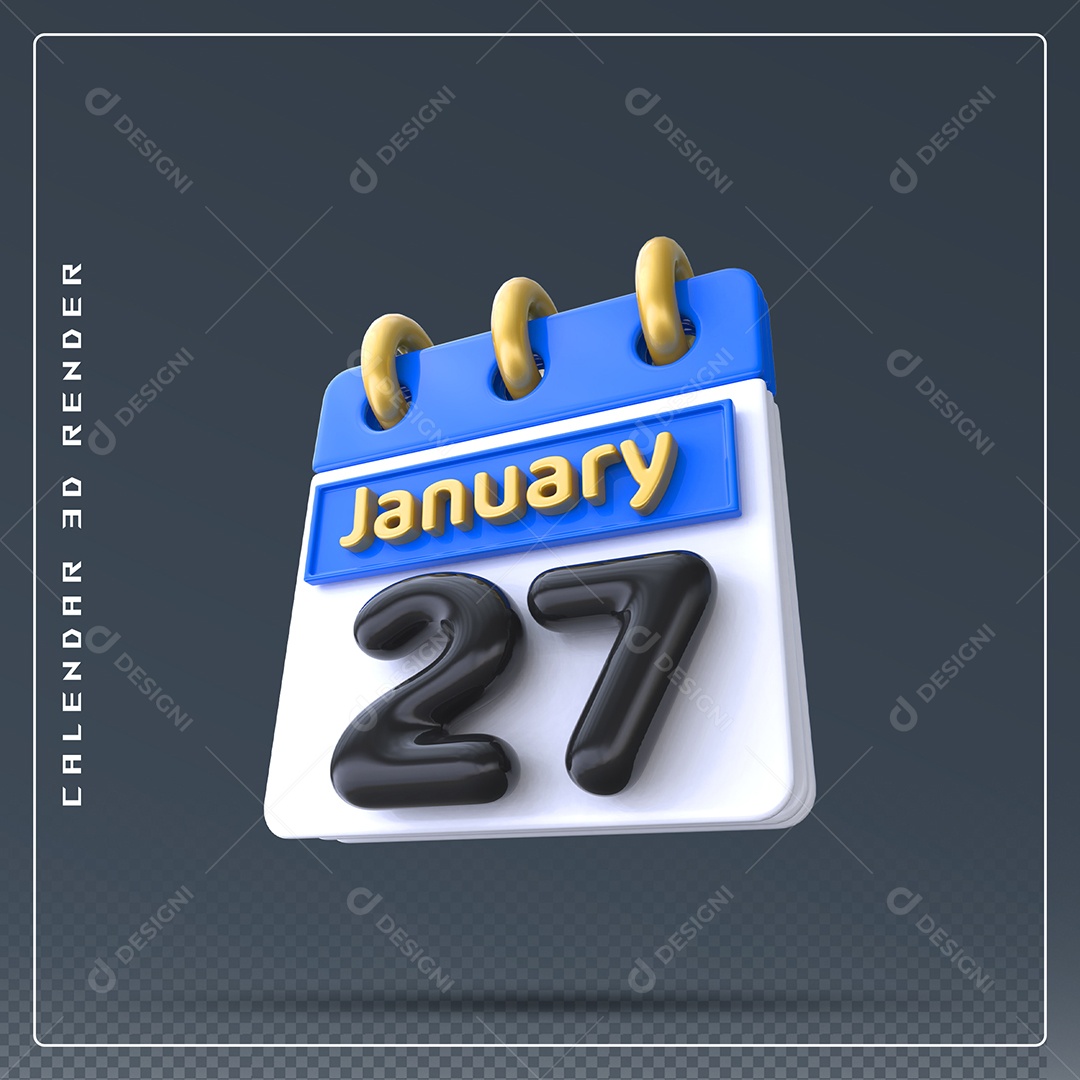 Calendário Do mês Janeiro Dia 27 Elemento 3D Preto Azul e Branco Para Composição PSD