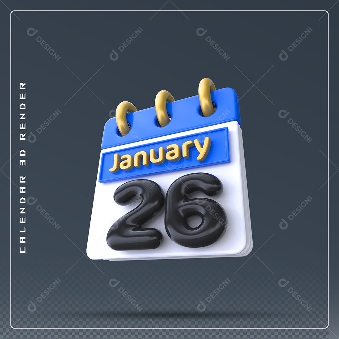 Calendário Do mês Janeiro Dia 26 Elemento 3D Preto Azul e Branco Para Composição PSD