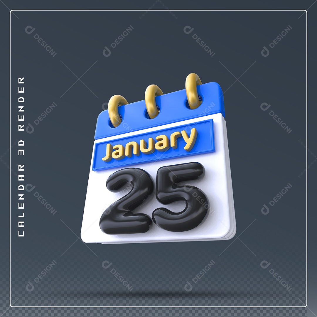 Calendário Do mês Janeiro Dia 2+5 Elemento 3D Preto Azul e Branco Para Composição PSD