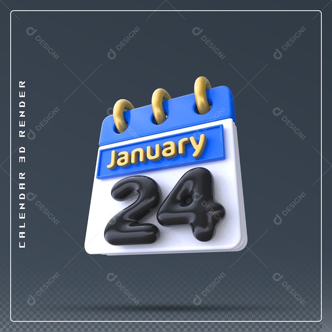 Calendário Do mês Janeiro Dia 24 Elemento 3D Preto Azul e Branco Para Composição PSD