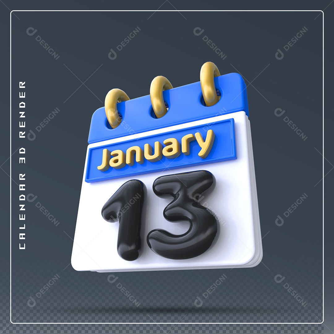 Calendário Do mês Janeiro Dia 13 Elemento 3D Preto Azul e Branco Para Composição PSD