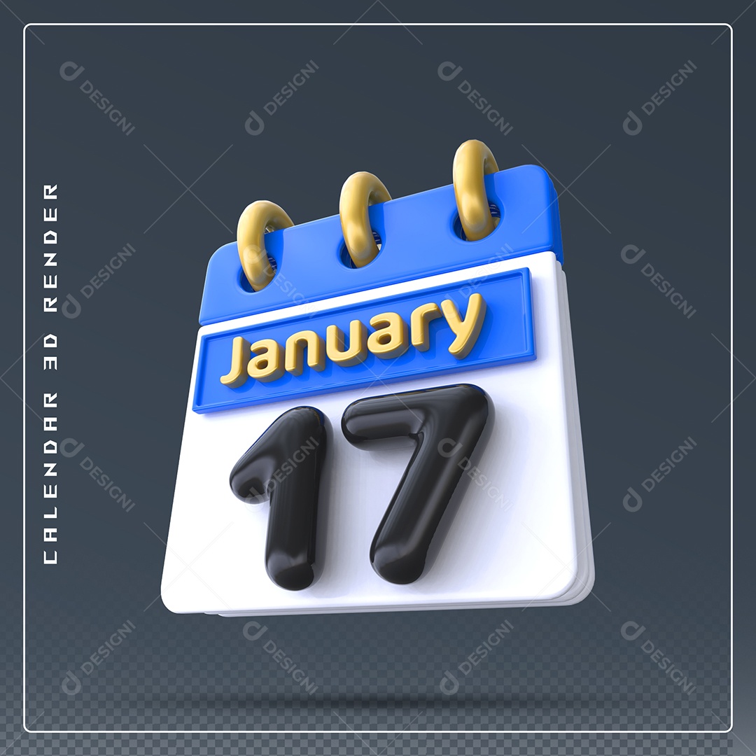 Calendário Do mês Janeiro Dia 17 Elemento 3D Preto Azul e Branco Para Composição PSD