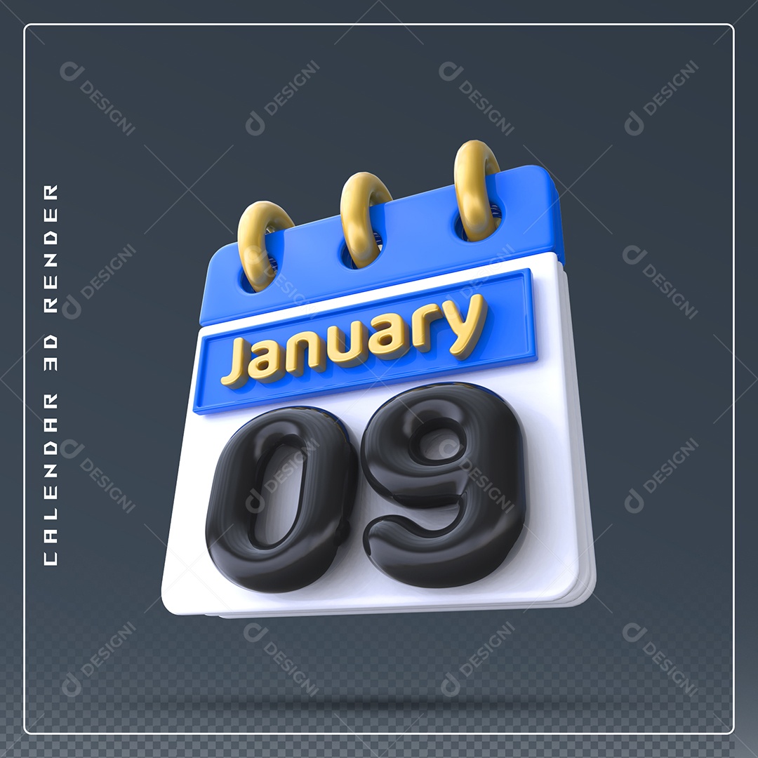 Calendário Do mês Janeiro Dia 09 Elemento 3D Preto Azul e Branco Para Composição PSD