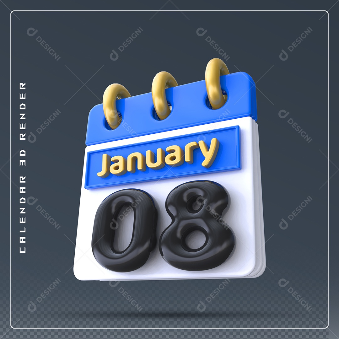 Calendário Do mês Janeiro Dia 08 Elemento 3D Preto Azul e Branco Para Composição PSD