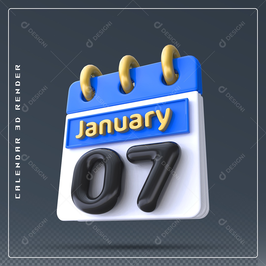 Calendário Do mês Janeiro Dia 07 Elemento 3D Preto Azul e Branco Para Composição PSD