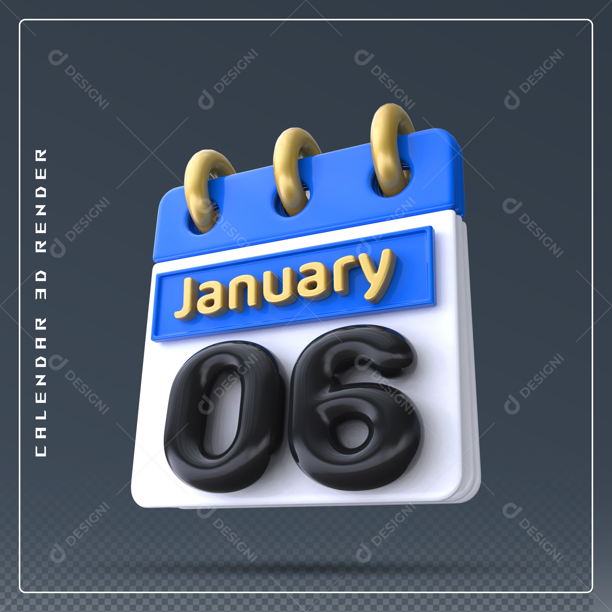 Calendário Do mês Janeiro Dia 06 Elemento 3D Preto Azul e Branco Para Composição PSD