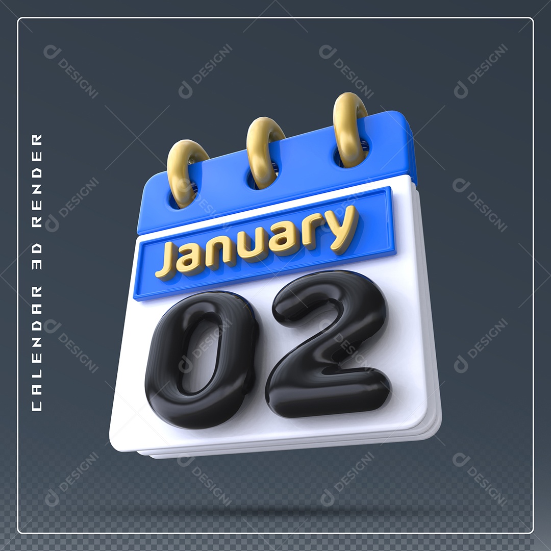 Calendário Do mês Janeiro Dia 02 Elemento 3D Preto Azul e Branco Para Composição PSD