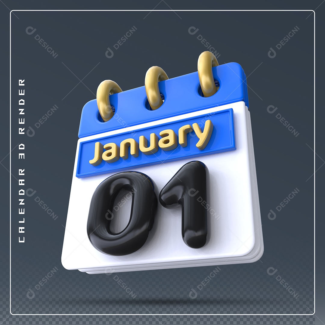 Calendário Do mês Janeiro Dia 01 Elemento 3D Preto Azul e Branco Para Composição PSD