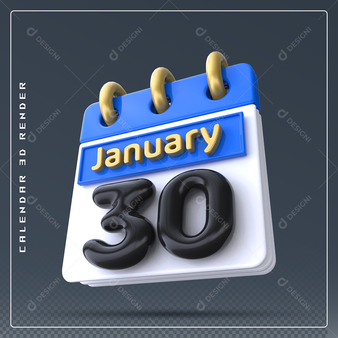 Calendário Do mês Janeiro Dia 30 Elemento 3D Preto Azul e Branco Para Composição PSD