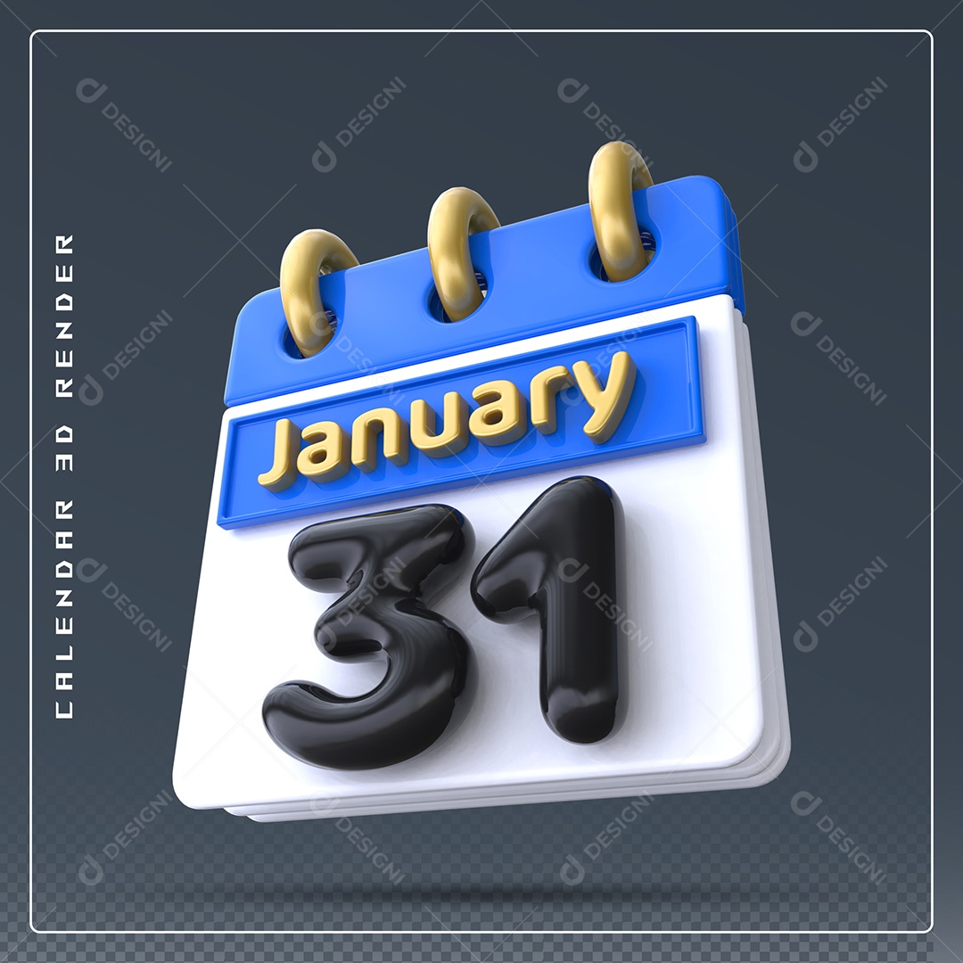 Calendário Do mês Janeiro Dia 31 Elemento 3D Preto Azul e Branco Para Composição PSD