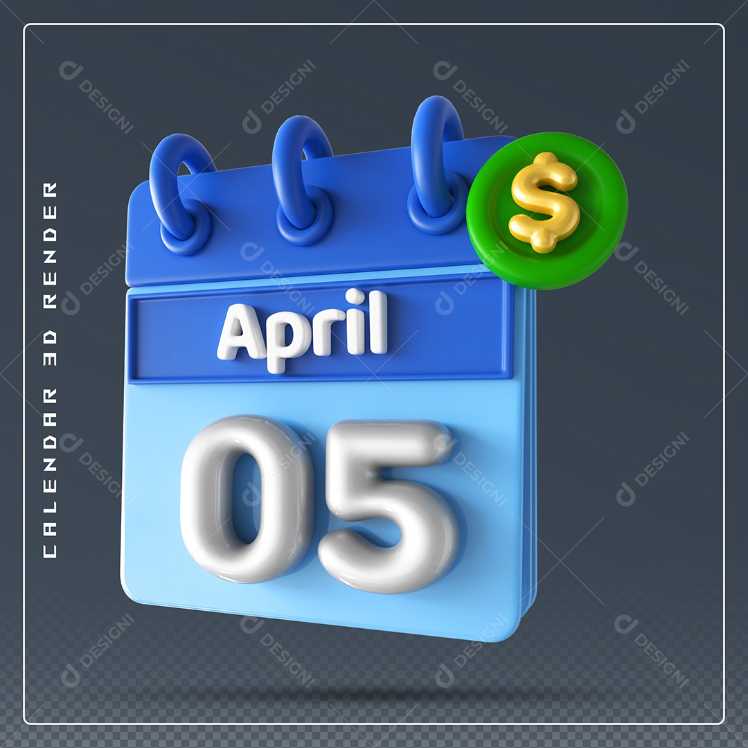 Calendário Do mês Abril Dia 05 Elemento 3D Azul e Branco Para Composição PSD