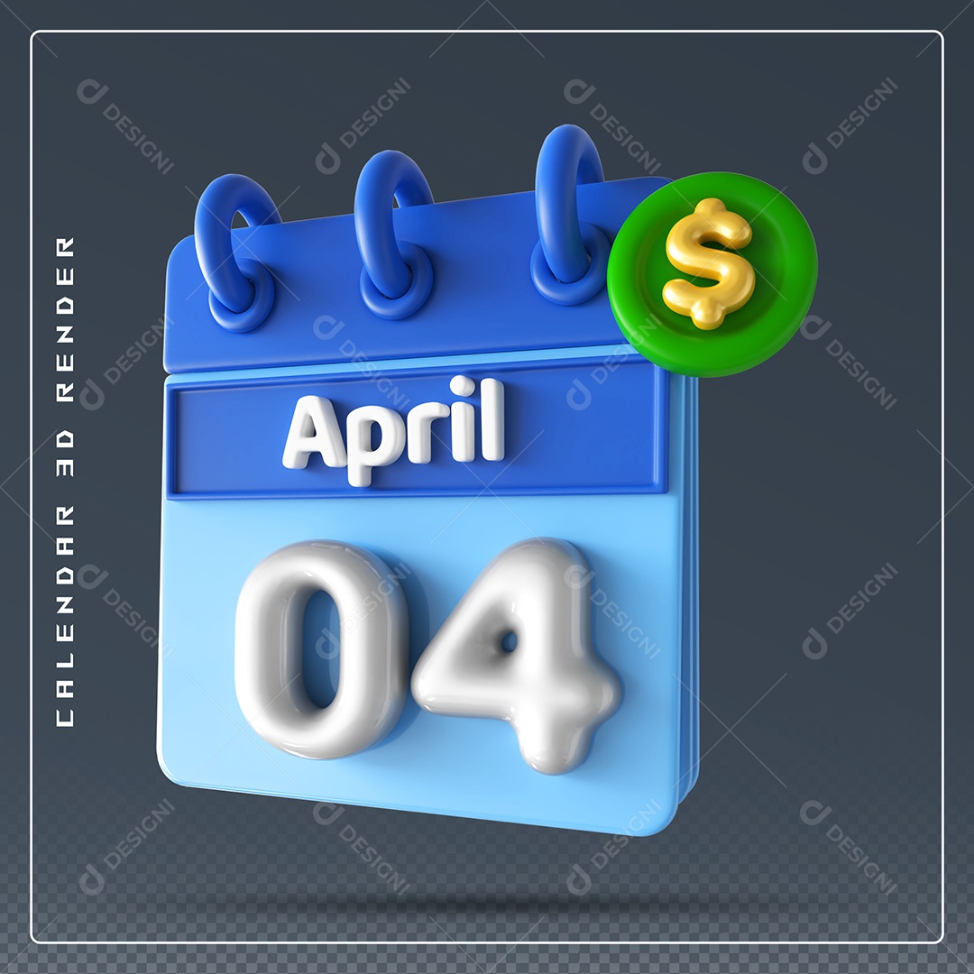 Calendário Do mês Abril Dia 04 Elemento 3D Azul e Branco Para Composição PSD