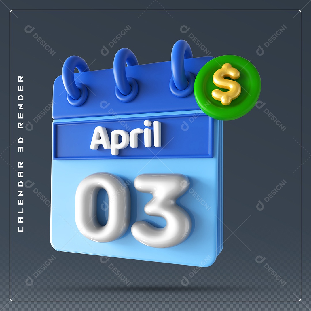 Calendário Do mês Abril Dia 03 Elemento 3D Azul e Branco Para Composição PSD