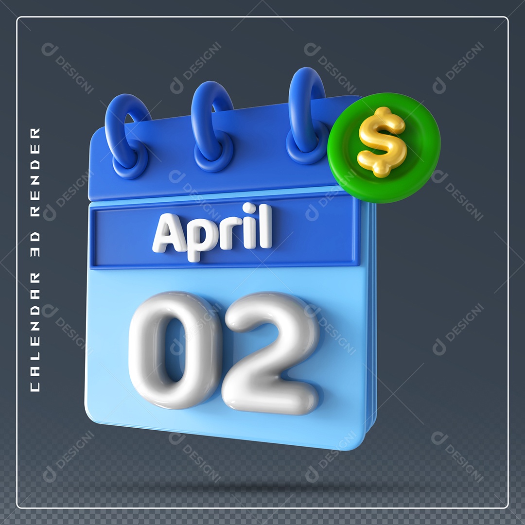 Calendário Do mês Abril Dia 02 Elemento 3D Azul e Branco Para Composição PSD
