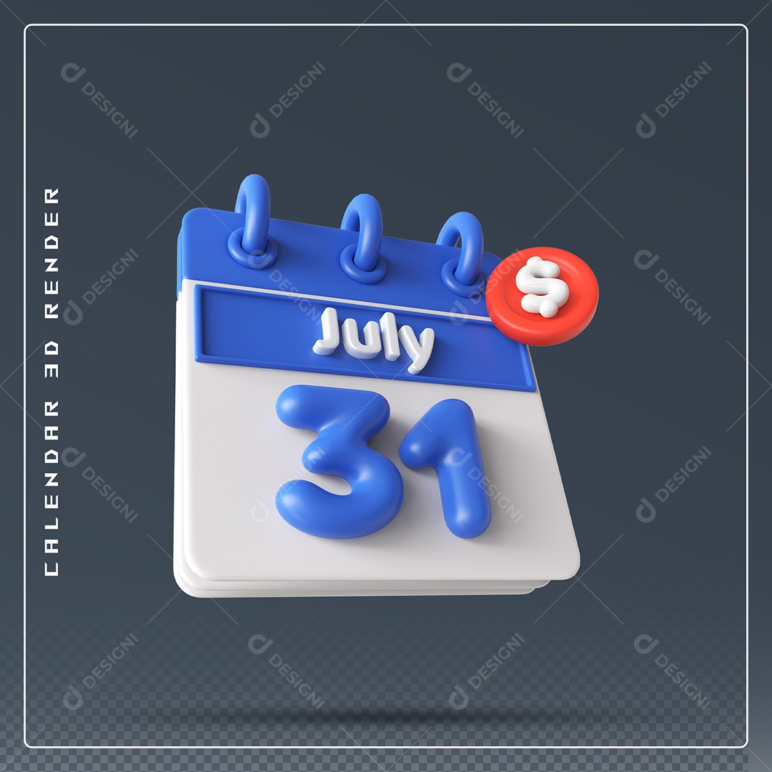 Calendário Do mês Julho Dia 31 Elemento 3D Azul e Branco Para Composição PSD