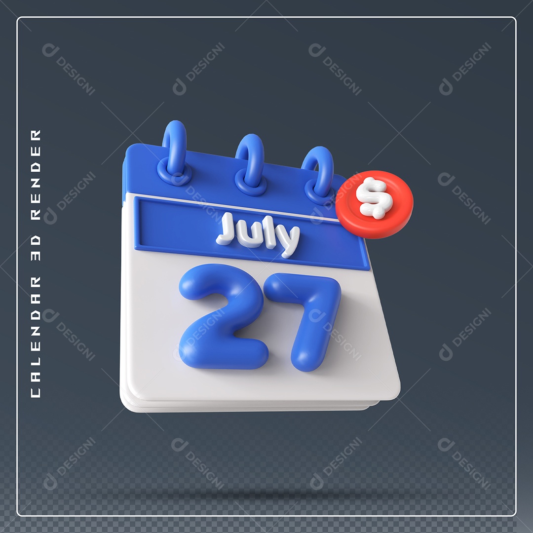 Calendário Do mês Julho Dia 27 Elemento 3D Azul e Branco Para Composição PSD