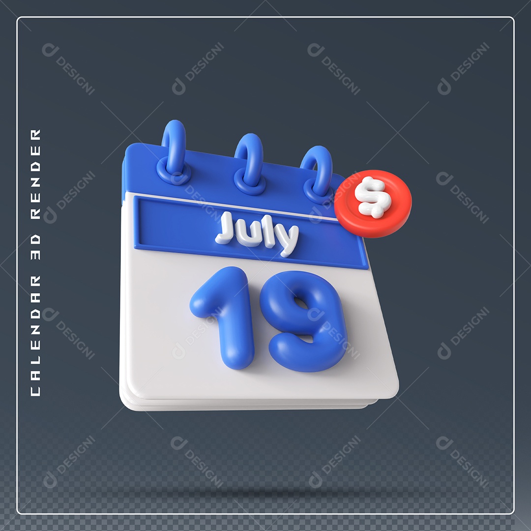 Calendário Do mês Julho Dia 19 Elemento 3D Azul e Branco Para Composição PSD