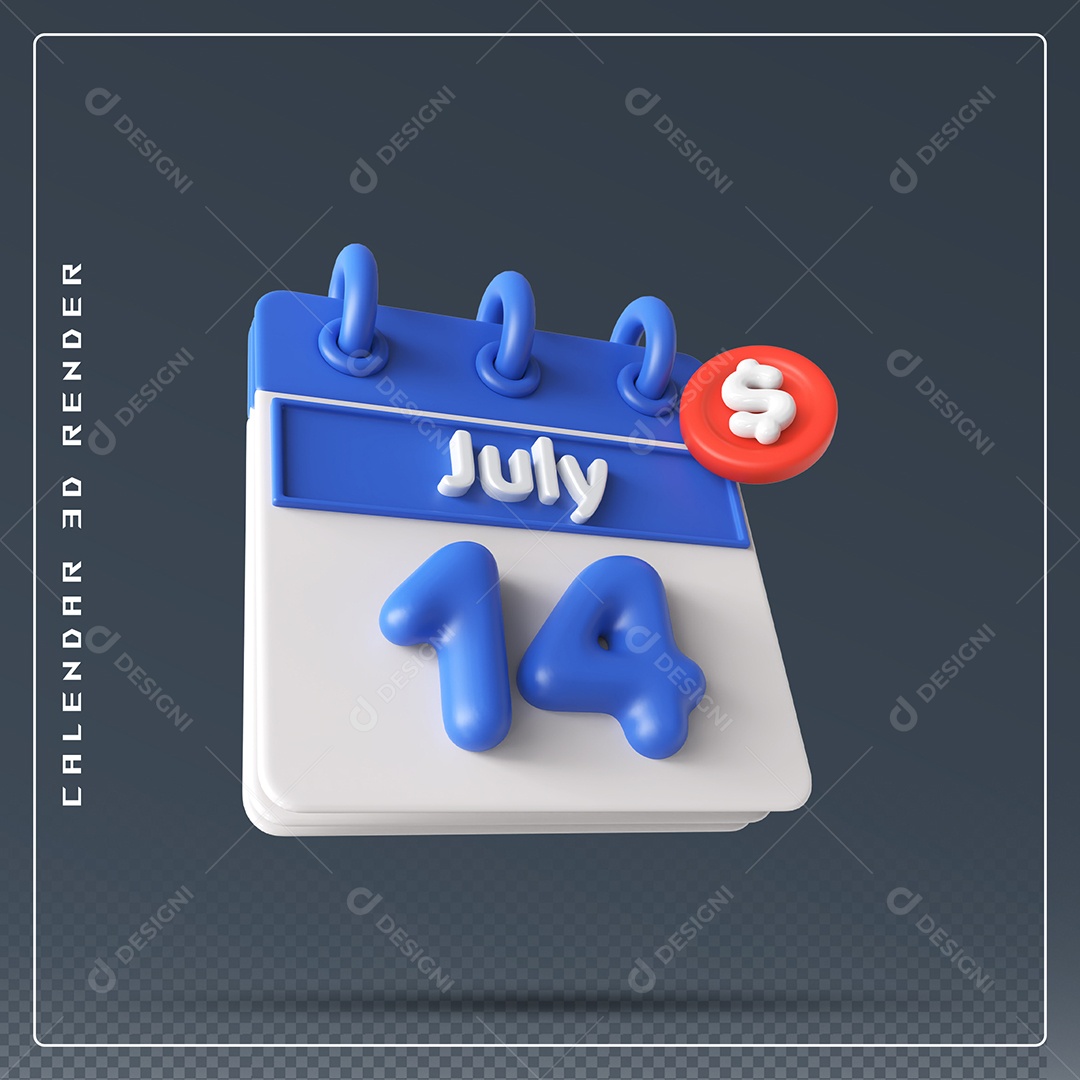 Calendário Do mês Julho Dia 014 Elemento 3D Azul e Branco Para Composição PSD