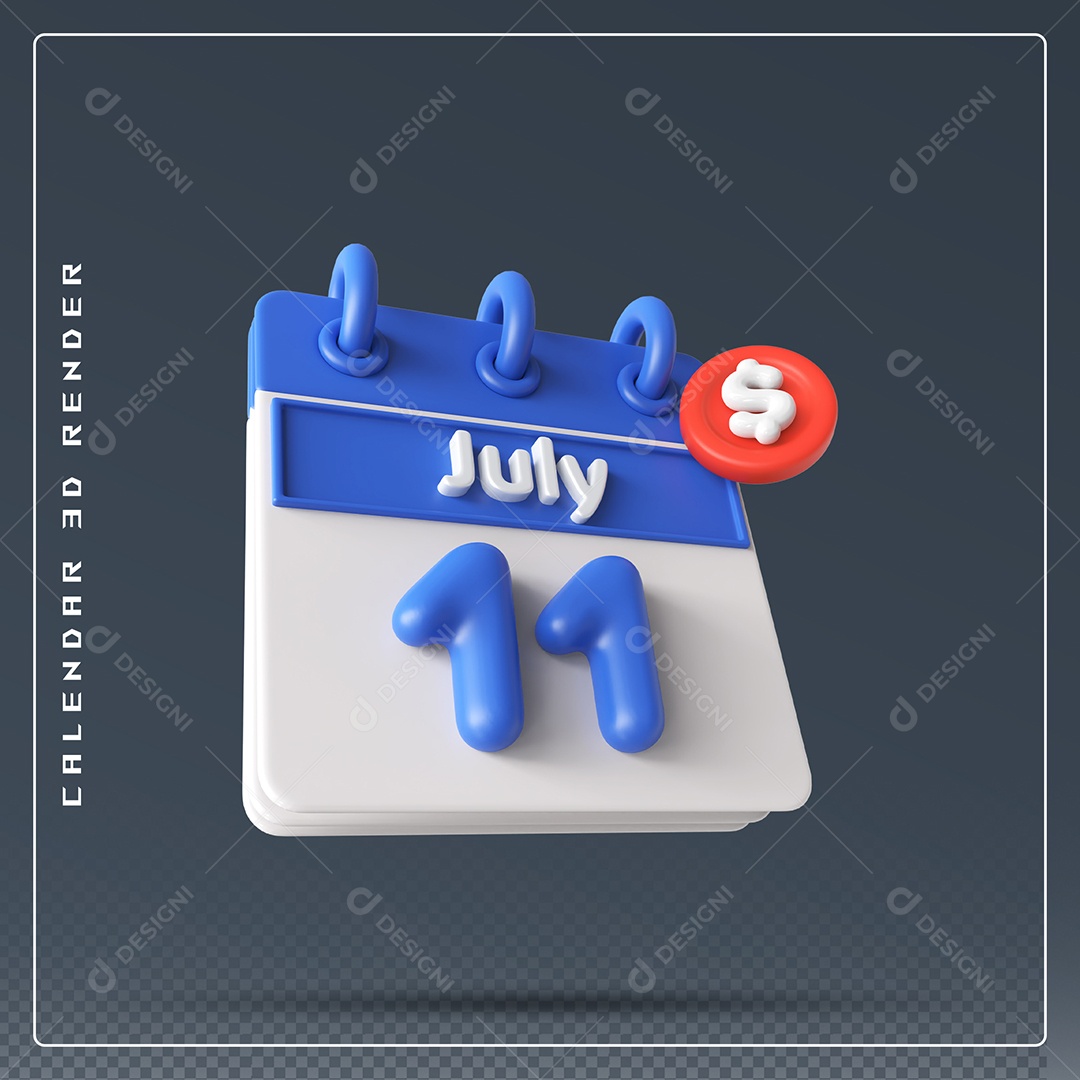 Calendário Do mês Julho Dia 11 Elemento 3D Azul e Branco Para Composição PSD