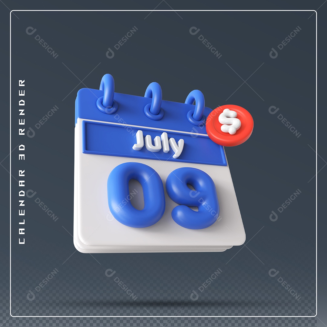 Calendário Do mês Julho Dia 09 Elemento 3D Azul e Branco Para Composição PSD