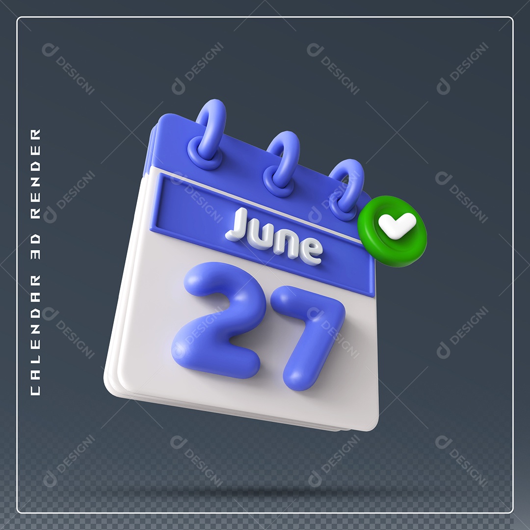 Calendário Do mês Junho Dia 27 Elemento 3D Azul e Branco Para Composição PSD