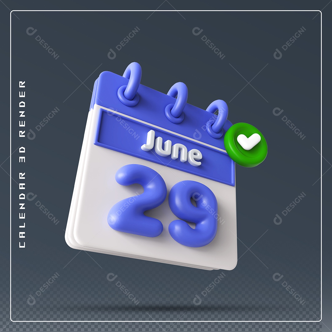 Calendário Do mês Junho Dia 29 Elemento 3D Azul e Branco Para Composição PSD