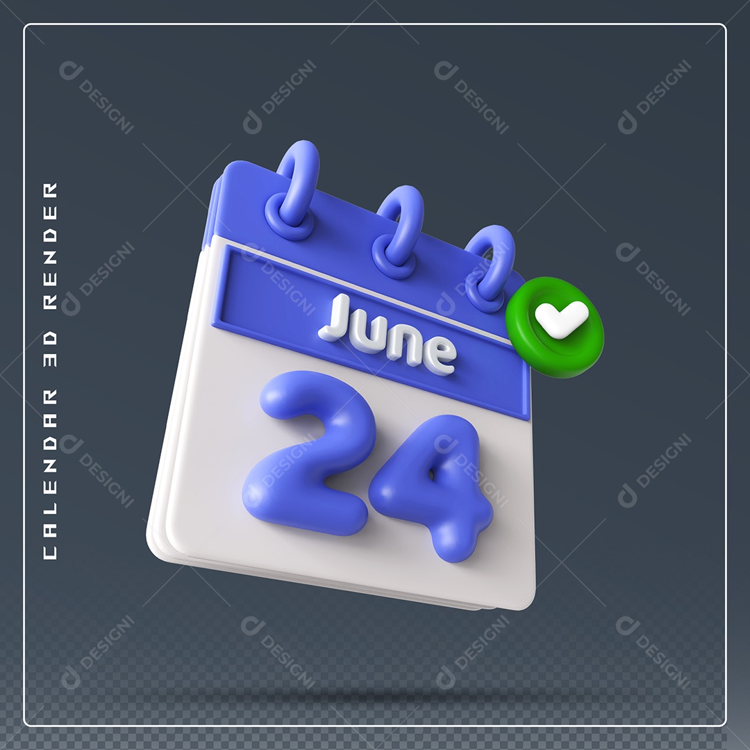 Calendário Do mês Junho Dia 24 Elemento 3D Azul e Branco Para Composição PSD