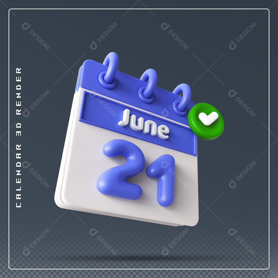 Calendário Do mês Junho Dia 21 Elemento 3D Azul e Branco Para Composição PSD