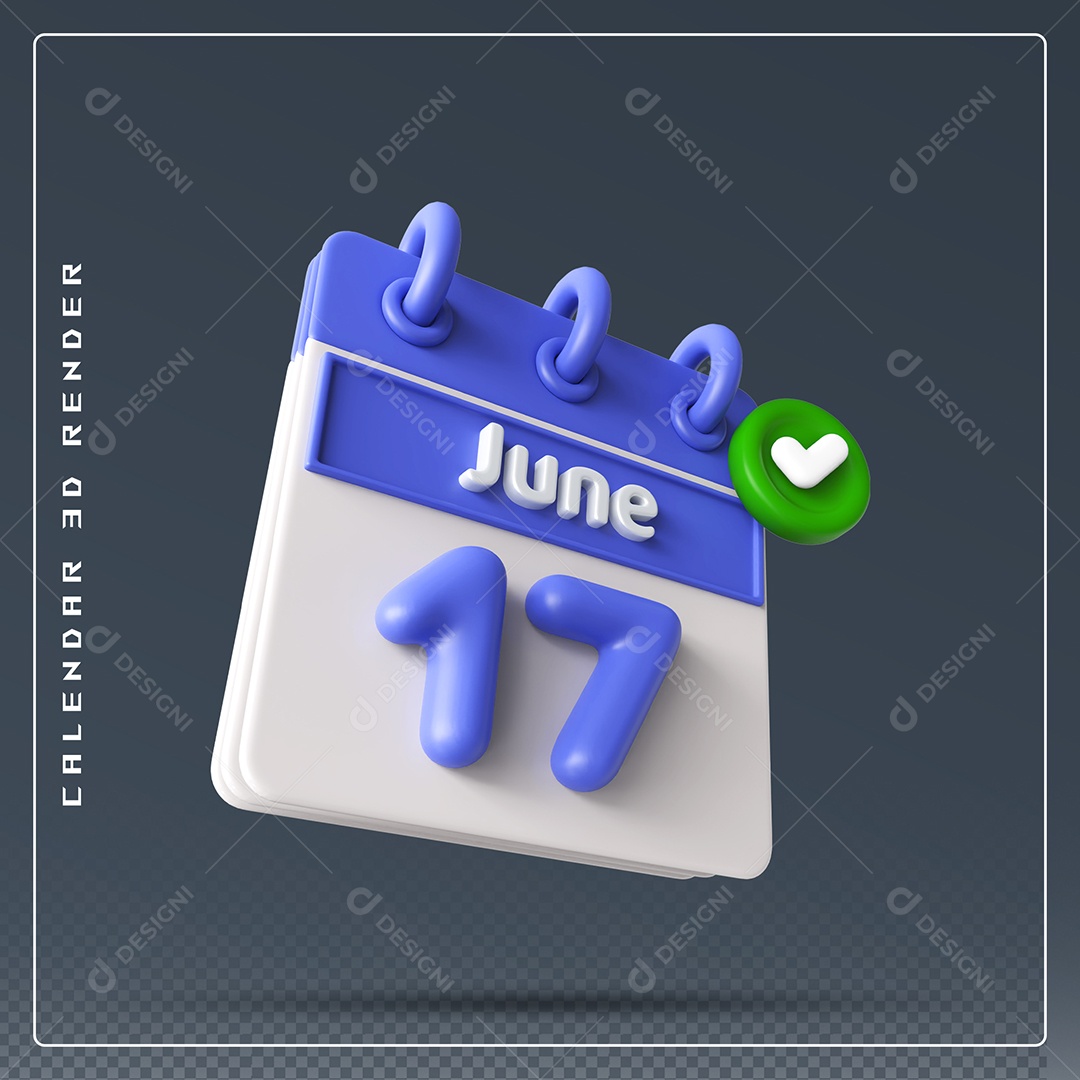 Calendário Do mês Junho Dia 17 Elemento 3D Azul e Branco Para Composição PSD