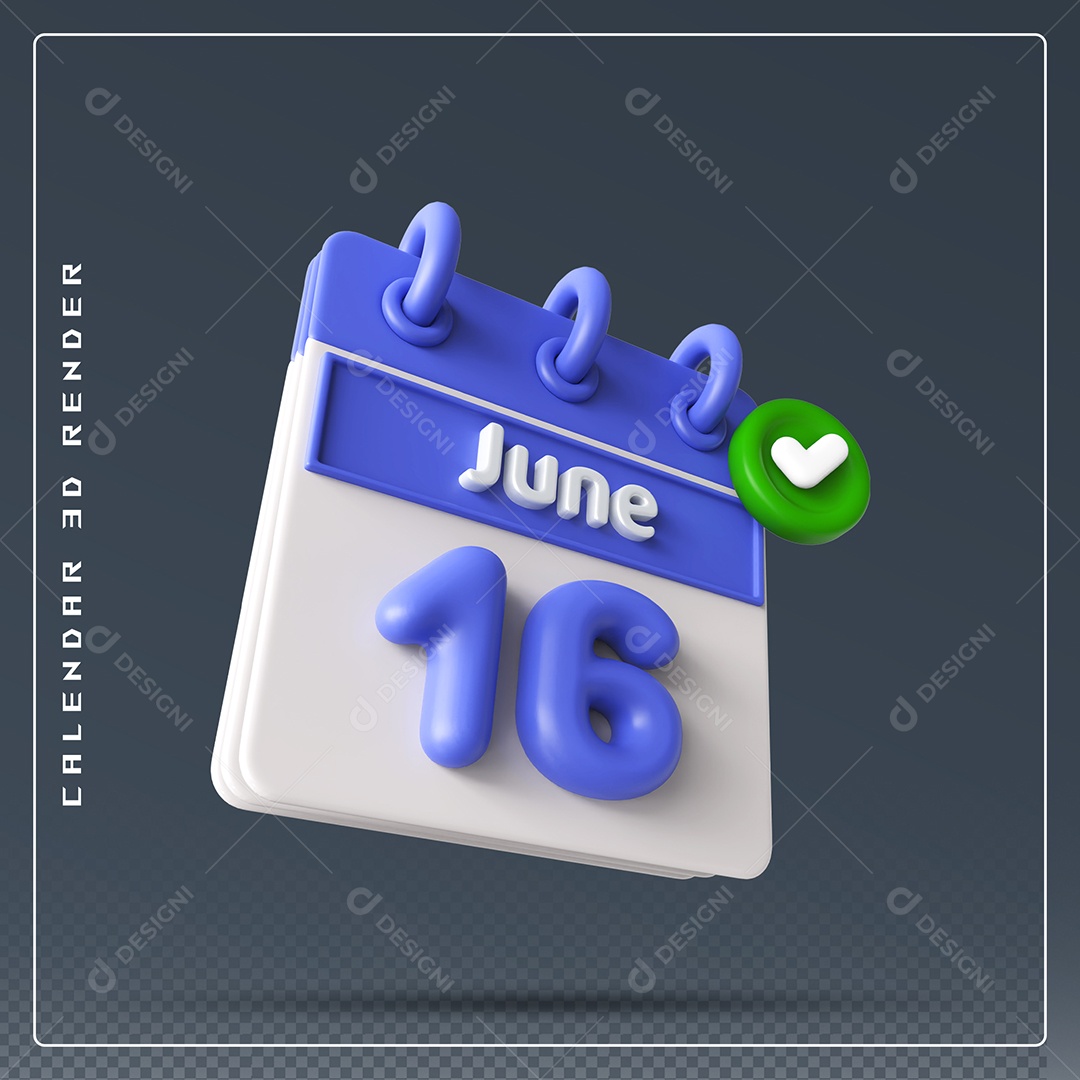 Calendário Do mês Junho Dia 16 Elemento 3D Azul e Branco Para Composição PSD