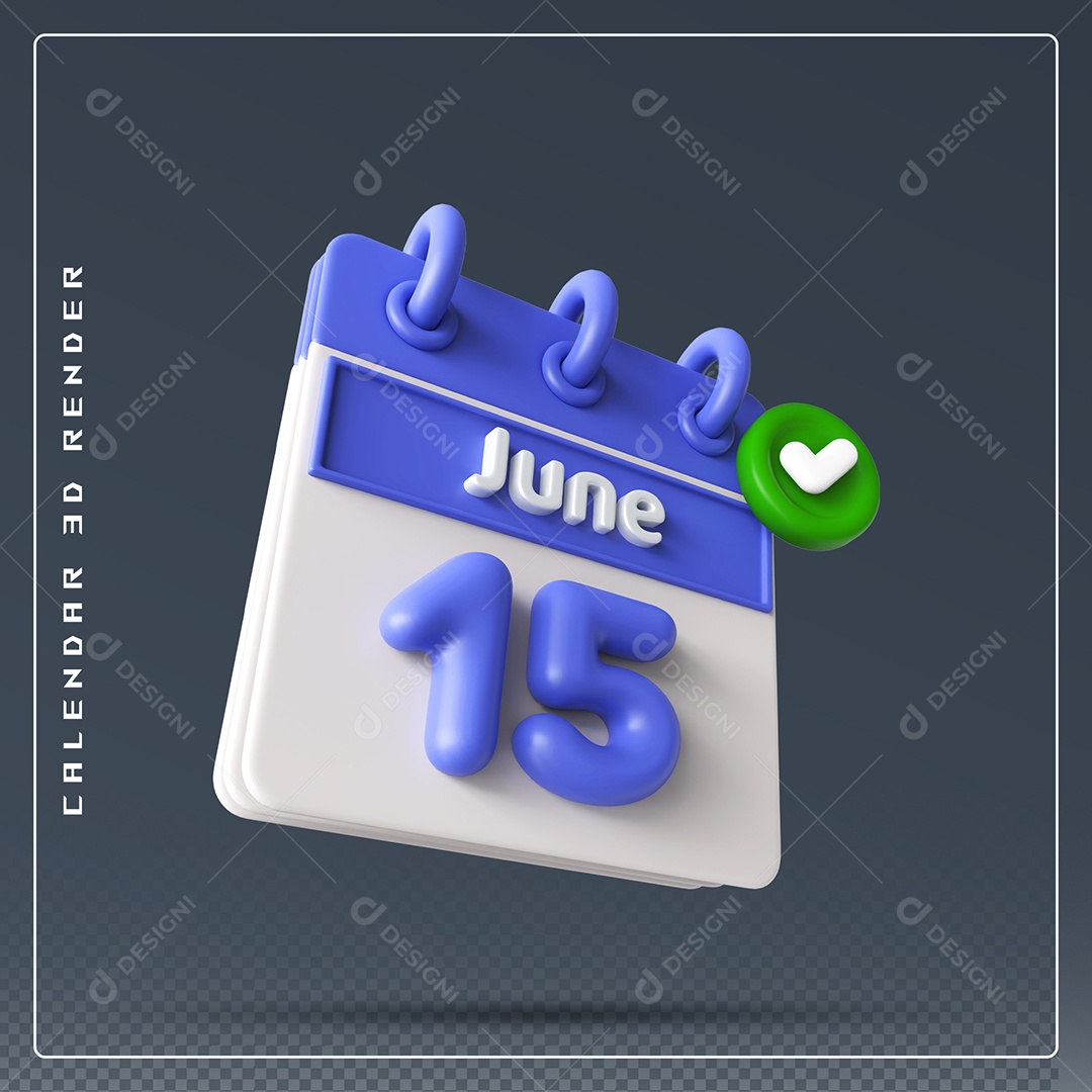 Calendário Do mês Junho Dia 15 Elemento 3D Azul e Branco Para Composição PSD