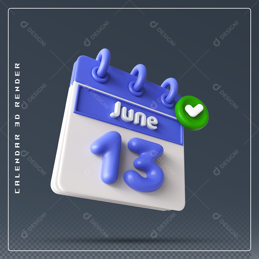 Calendário Do mês Junho Dia 13 Elemento 3D Azul e Branco Para Composição PSD