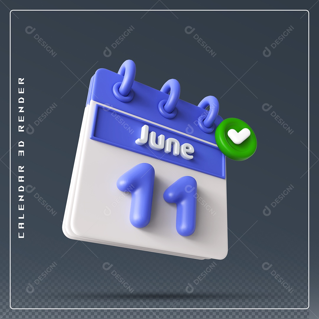 Calendário Do mês Junho Dia 11 Elemento 3D Azul e Branco Para Composição PSD