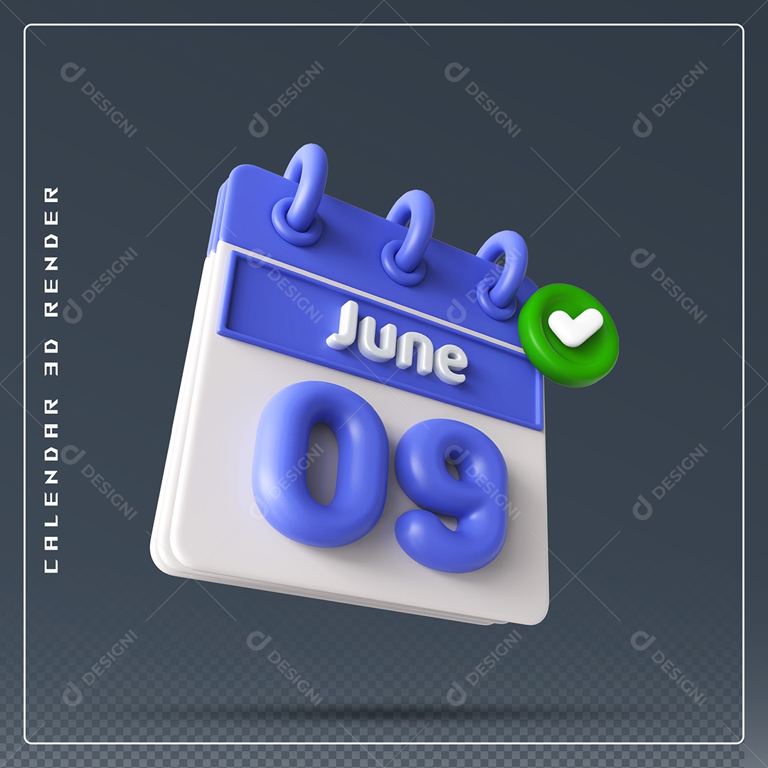 Calendário Do mês Junho Dia 09 Elemento 3D Azul e Branco Para Composição PSD