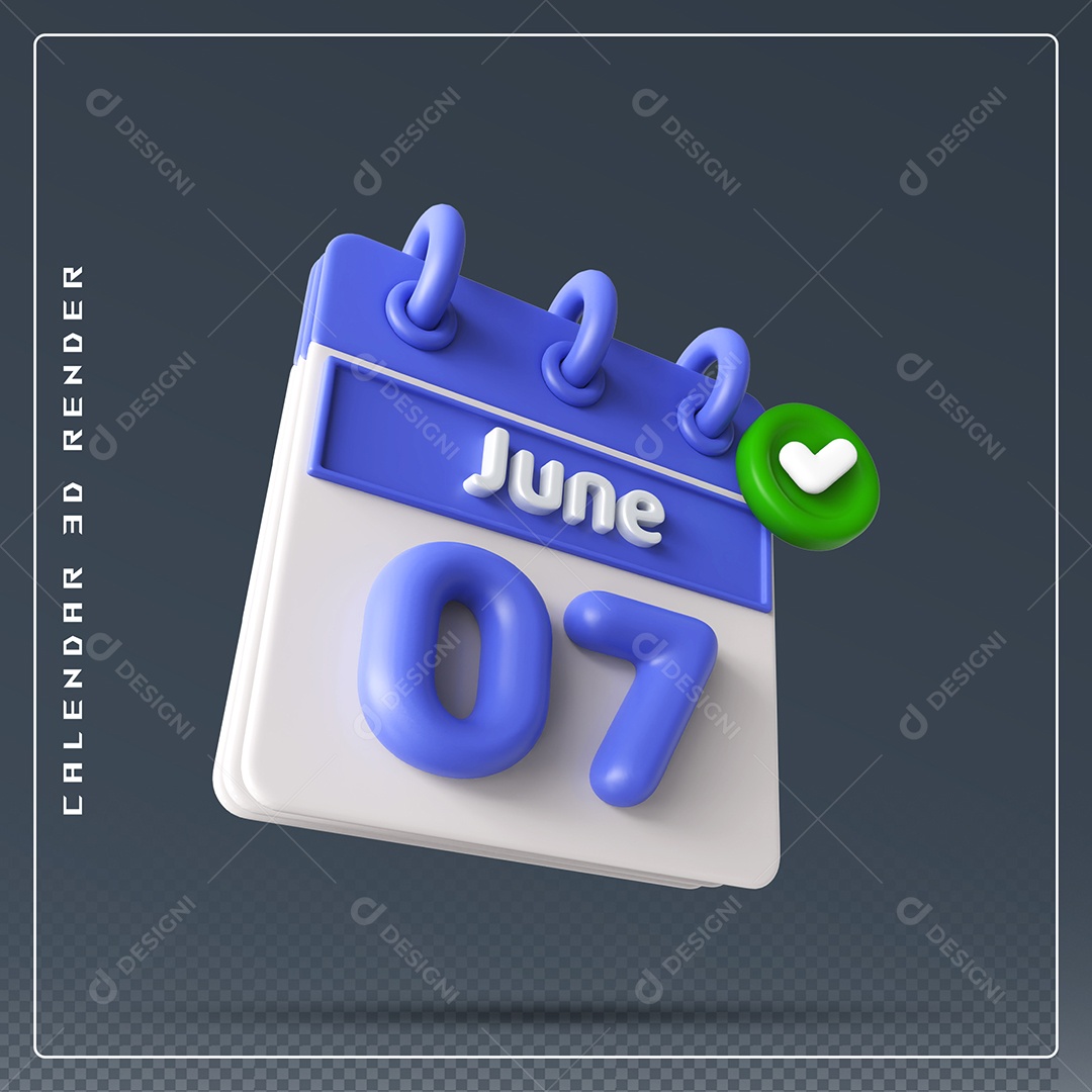 Calendário Do mês Junho Dia 07 Elemento 3D Azul e Branco Para Composição PSD