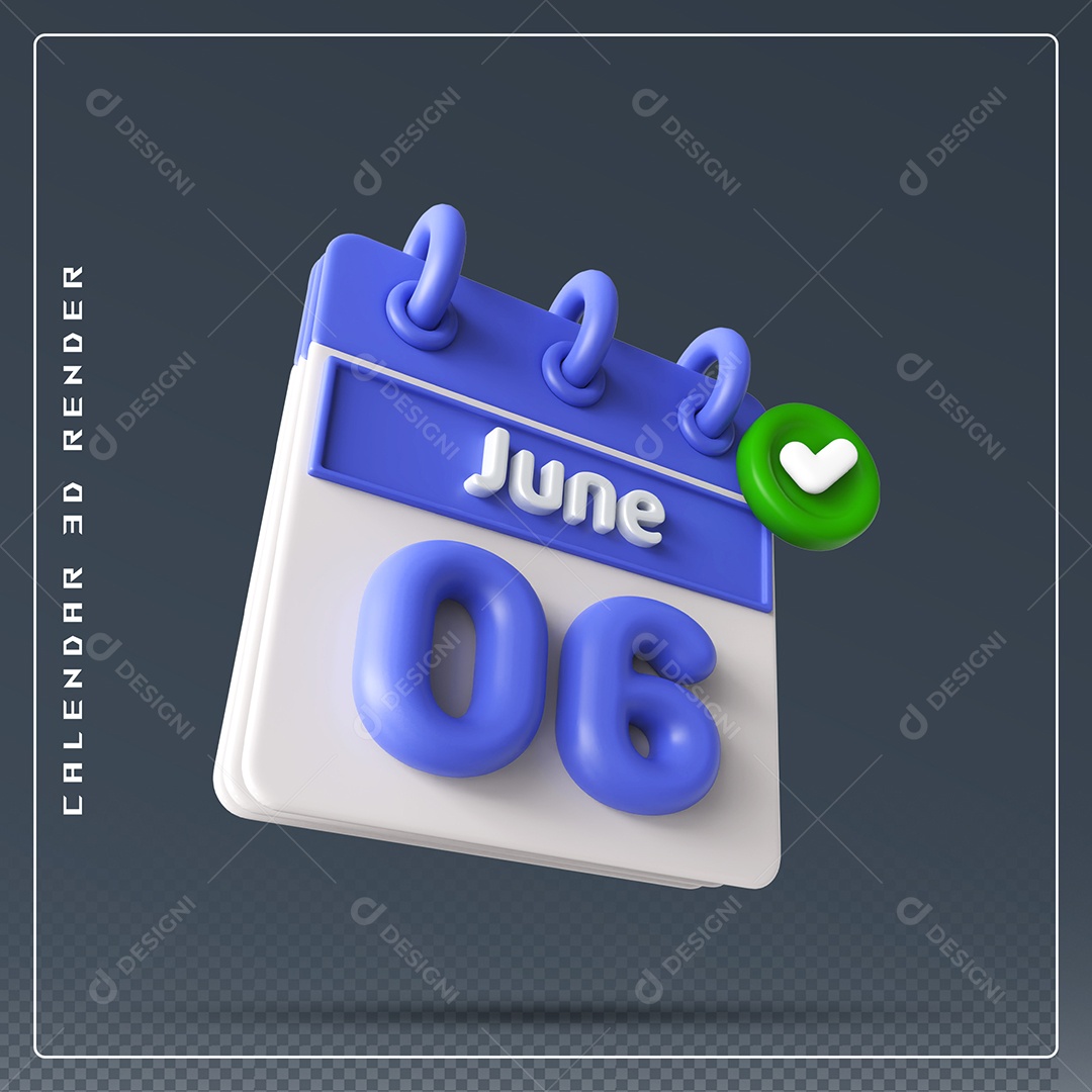 Calendário Do mês Junho Dia 06 Elemento 3D Azul e Branco Para Composição PSD