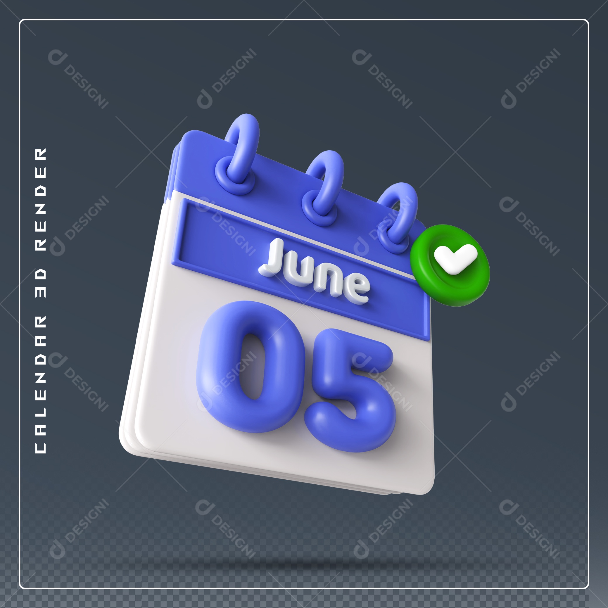 Calendário Do mês Junho Dia 05 Elemento 3D Azul e Branco Para Composição PSD