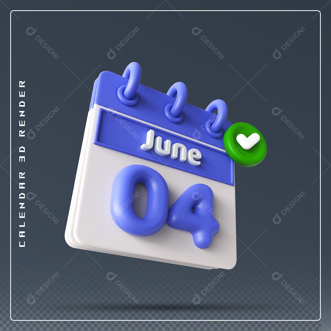 Calendário Do mês Junho Dia 04 Elemento 3D Azul e Branco Para Composição PSD