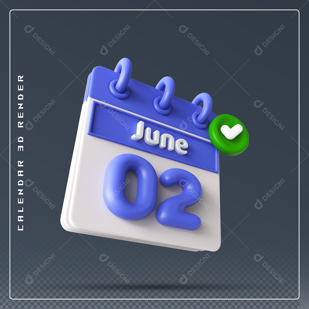 Calendário Do mês Junho Dia 02 Elemento 3D Azul e Branco Para Composição PSD