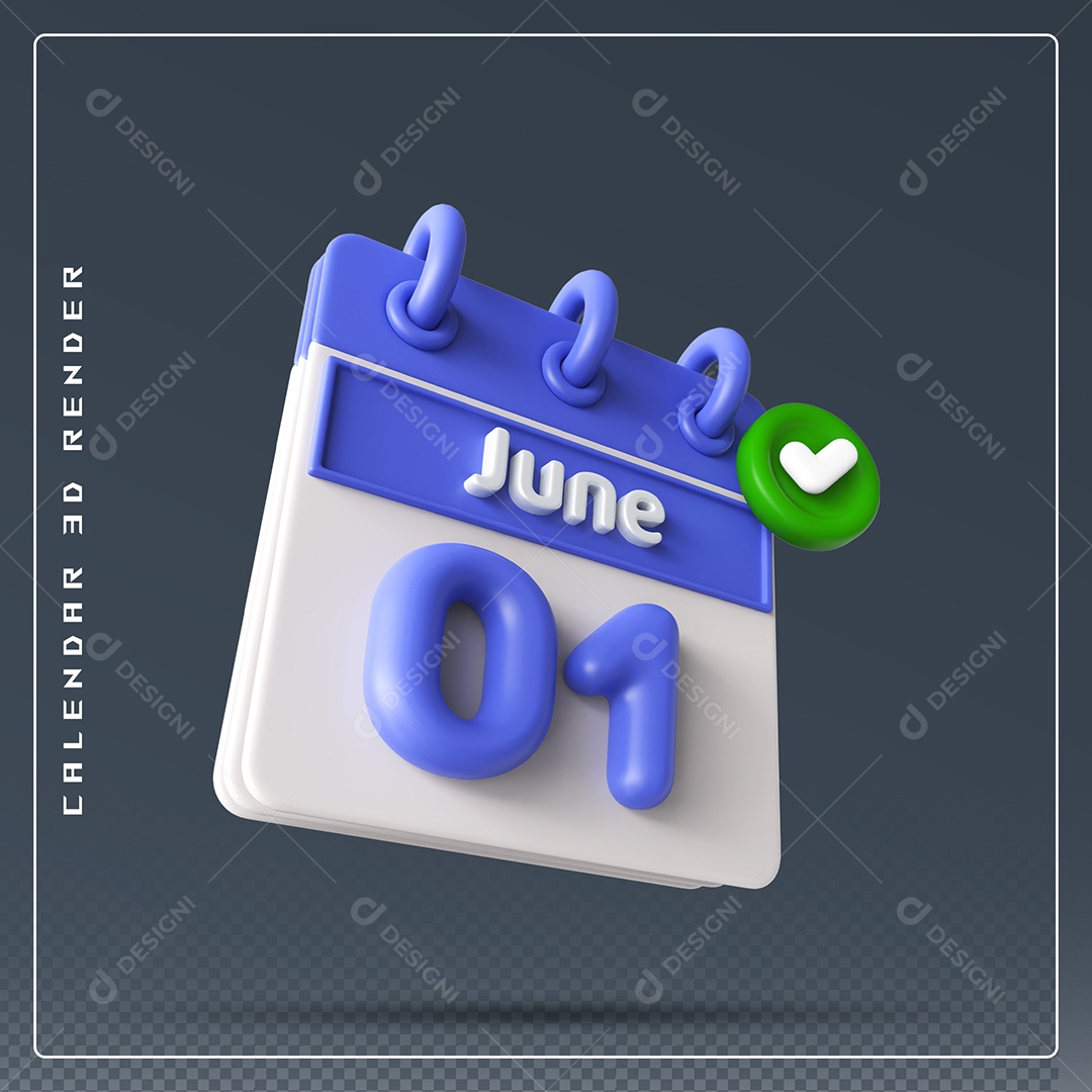 Calendário Do mês Junho Dia 01 Elemento 3D Azul e Branco Para Composição PSD