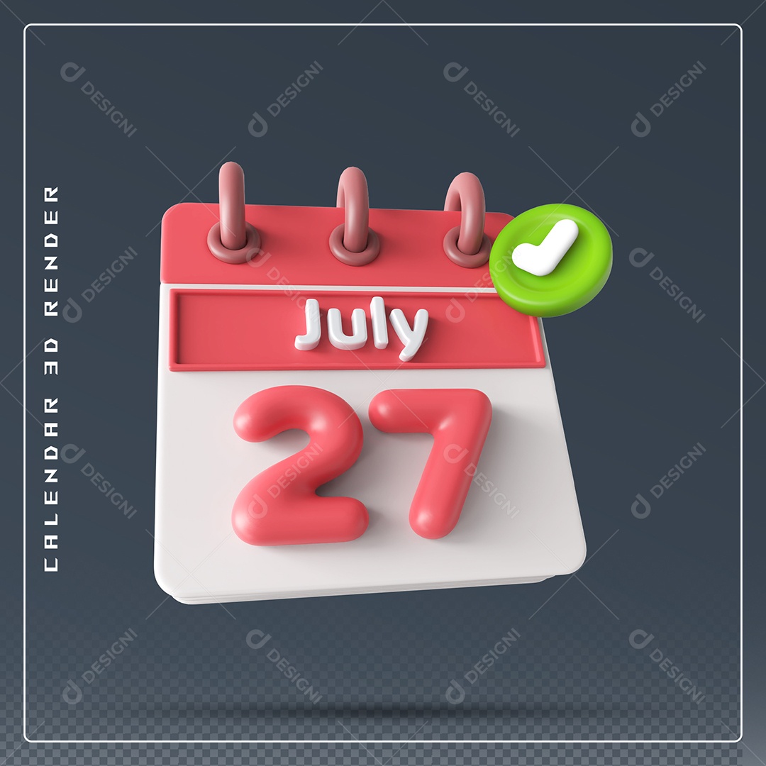Calendário Do mês Julho Dia 27 Elemento 3D Vermelho e Branco Para Composição PSD