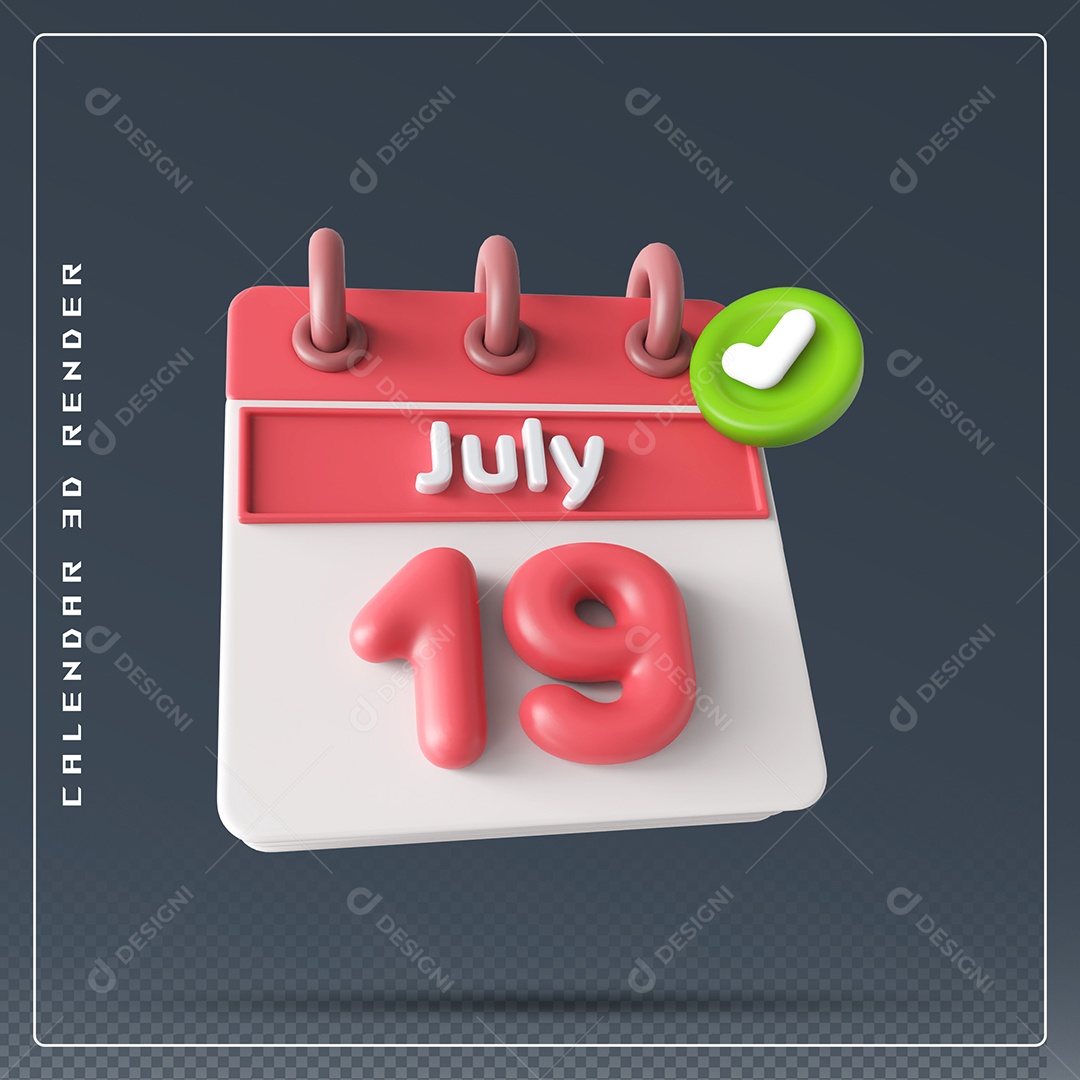 Calendário Do mês Julho Dia 19 Elemento 3D Vermelho e Branco Para Composição PSD