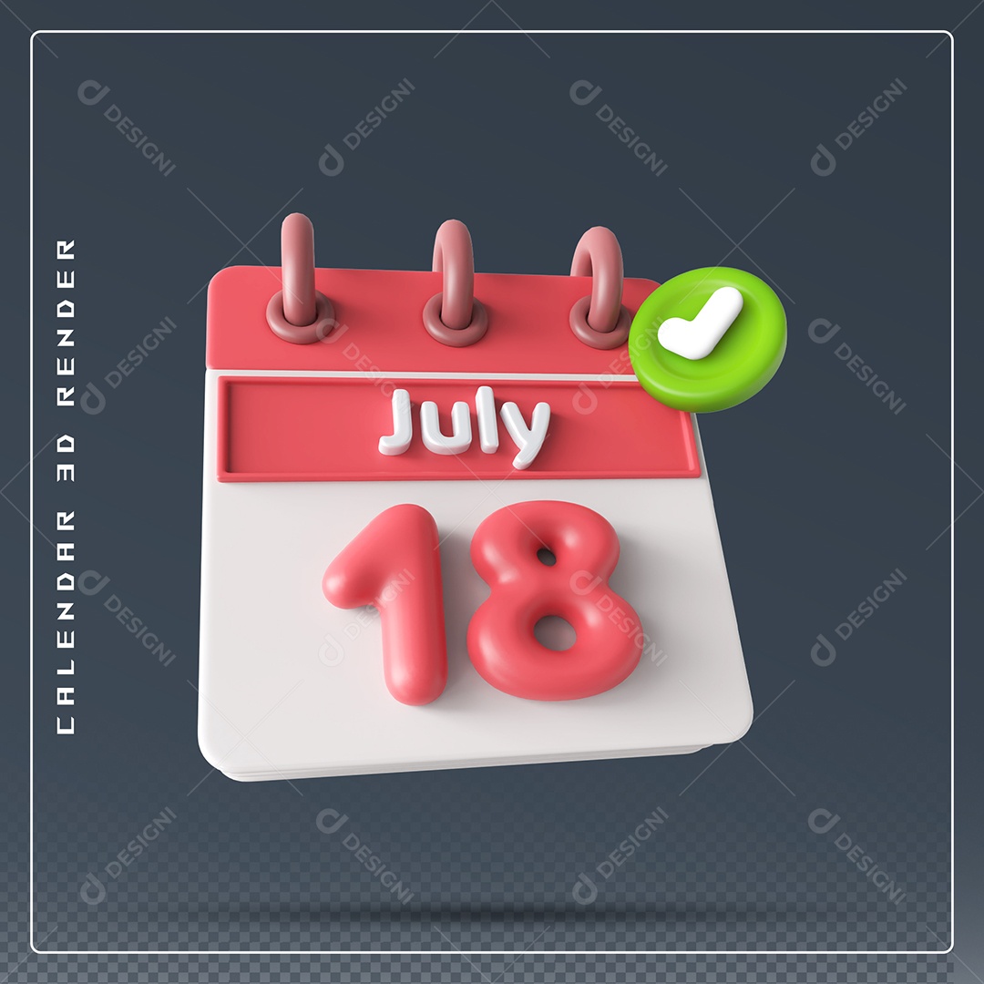 Calendário Do mês Julho Dia 18 Elemento 3D Vermelho e Branco Para Composição PSD