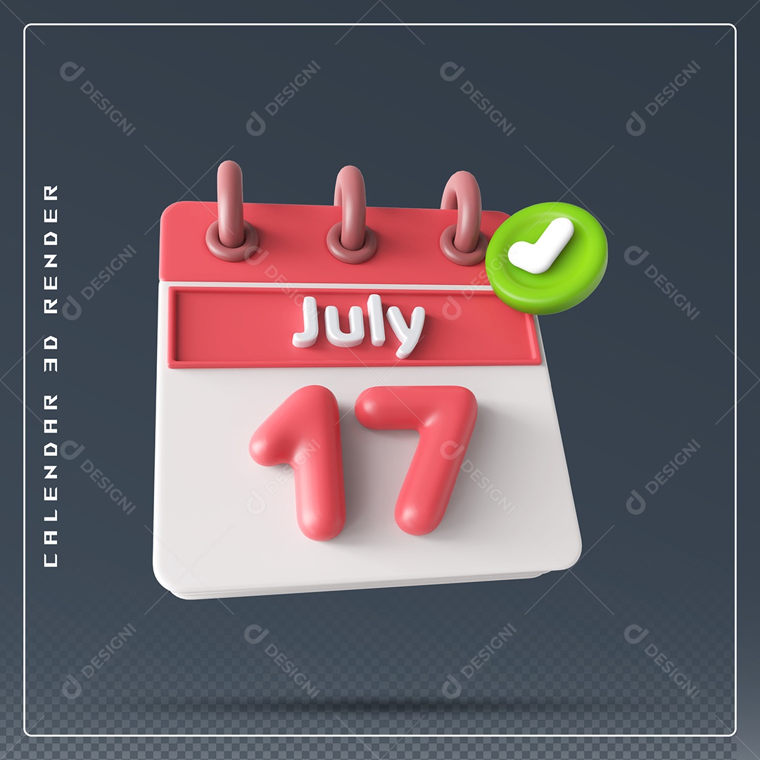 Calendário Do mês Julho Dia 17 Elemento 3D Vermelho e Branco Para Composição PSD
