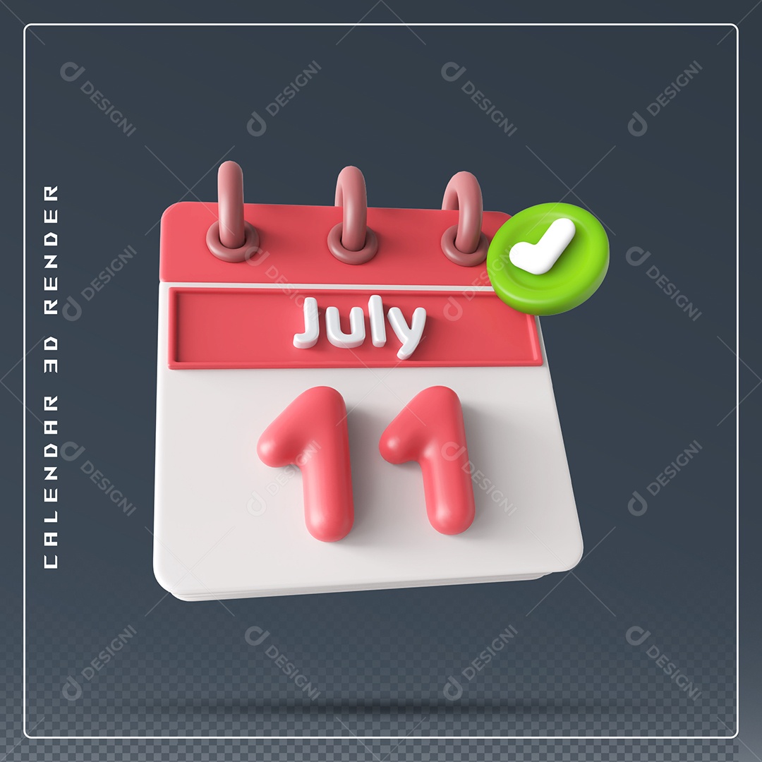 Calendário Do mês Julho Dia 11 Elemento 3D Vermelho e Branco Para Composição PSD