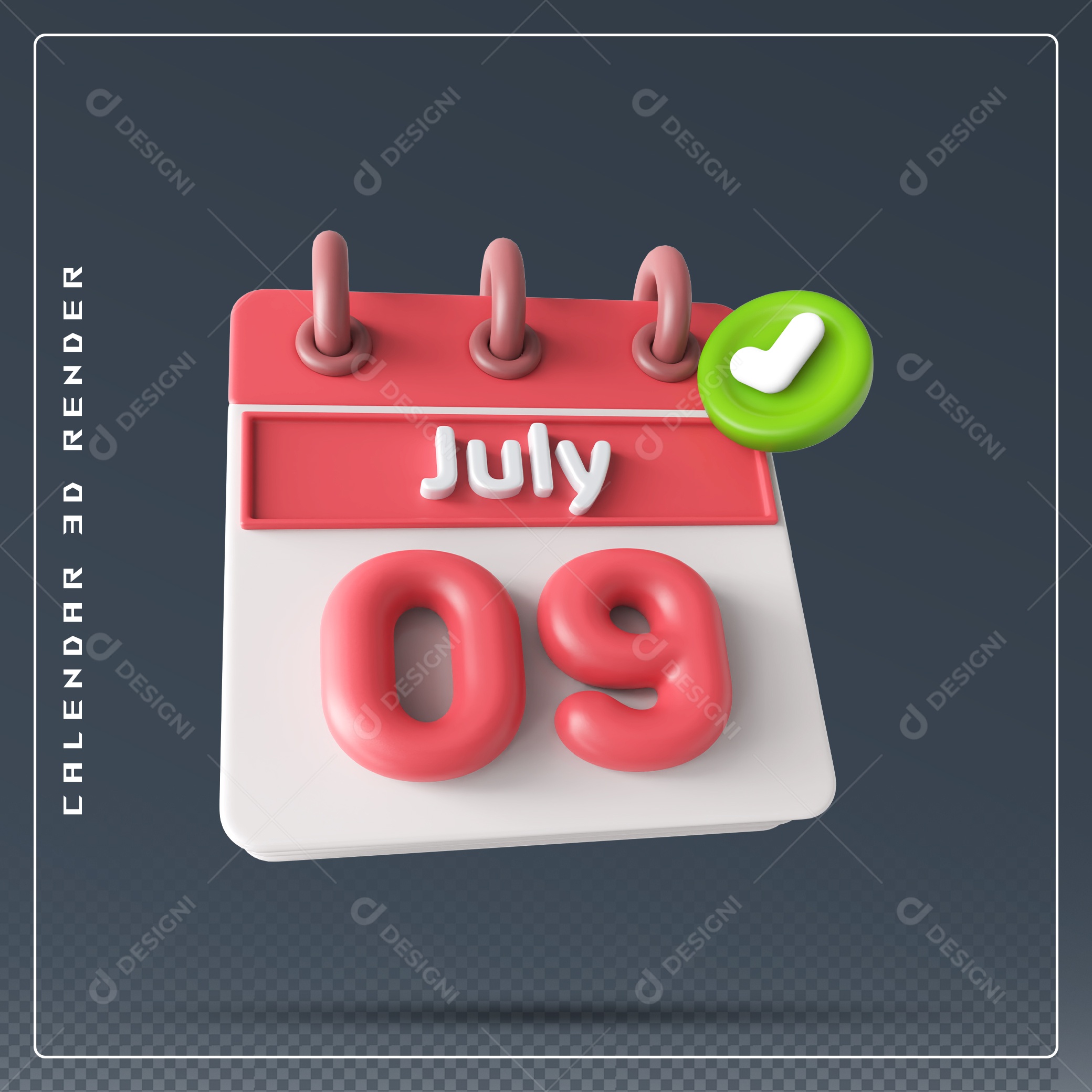 Calendário Do mês Julho Dia 09 Elemento 3D Vermelho e Branco Para Composição PSD