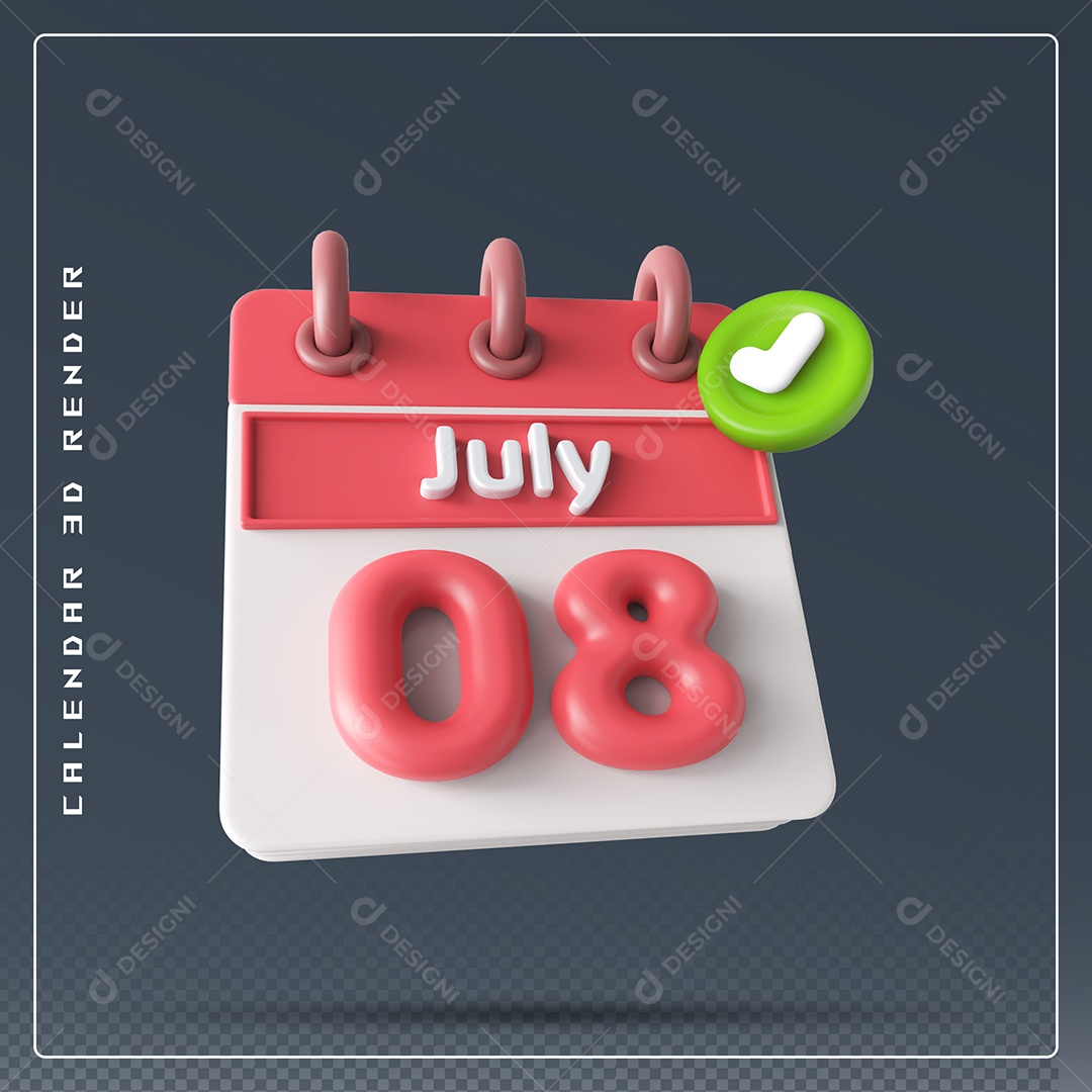 Calendário Do mês Julho Dia 08 Elemento 3D Vermelho e Branco Para Composição PSD