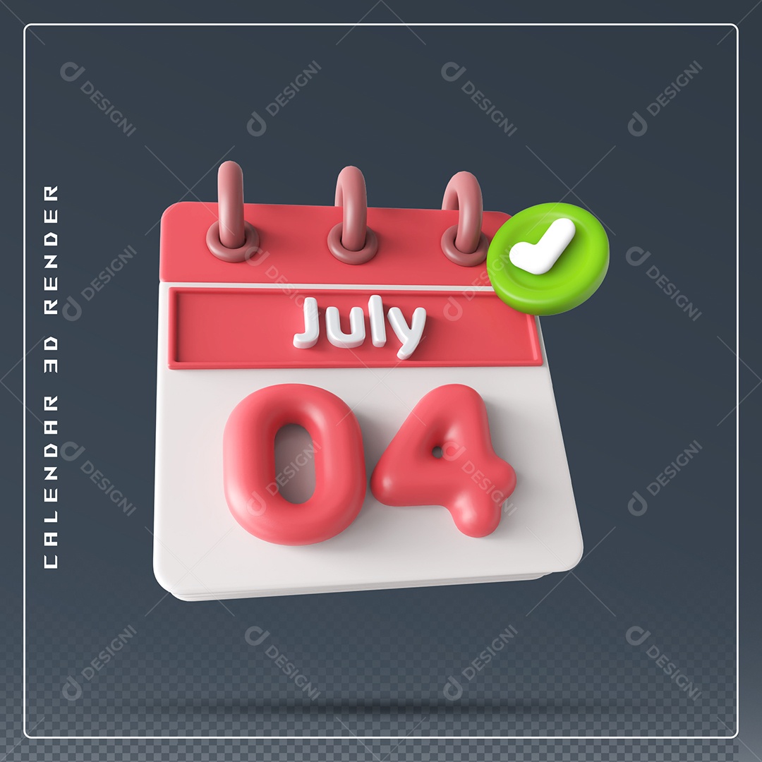 Calendário Do mês Julho Dia 04 Elemento 3D Vermelho e Branco Para Composição PSD